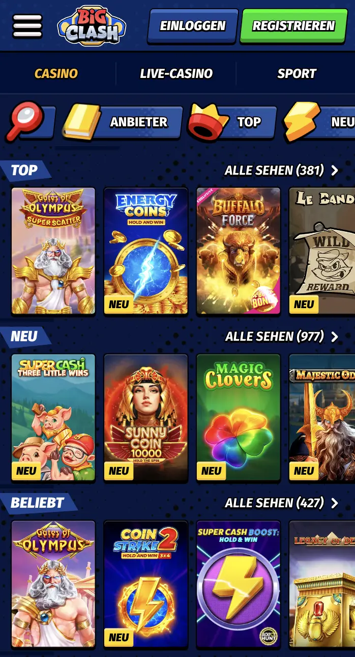 BigClash Casino Übersicht mit Spielautomaten wie Gates of Olympus, Energy Coins, Buffalo Force und weiteren Spielen